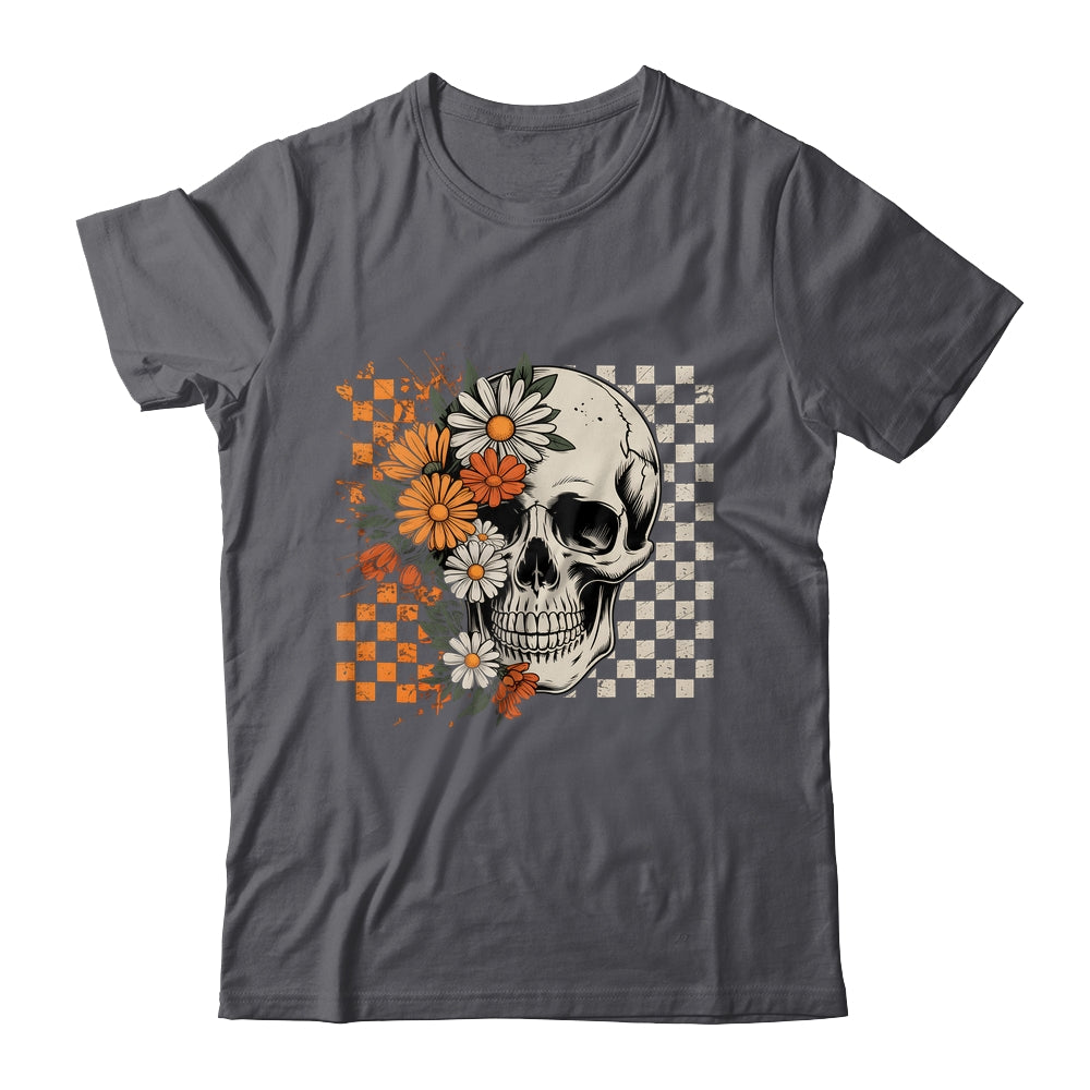 Checkered Boho Floral Skull Halloween Women Spooky Season Shirt & Hoodie | siriusteestore