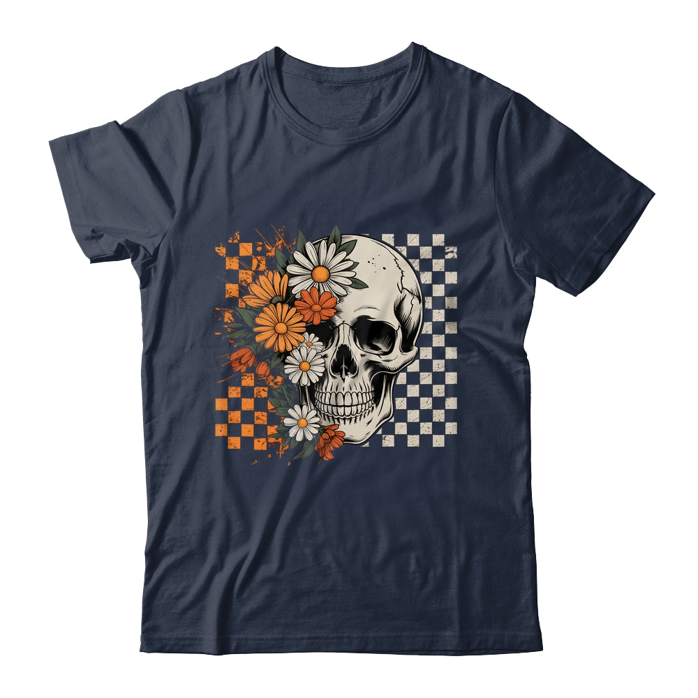 Checkered Boho Floral Skull Halloween Women Spooky Season Shirt & Hoodie | siriusteestore