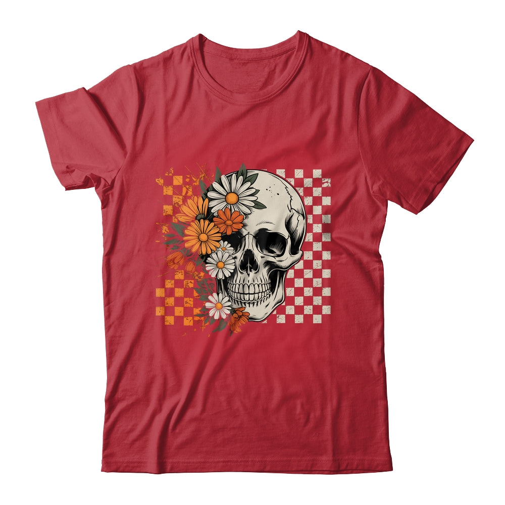 Checkered Boho Floral Skull Halloween Women Spooky Season Shirt & Hoodie | siriusteestore