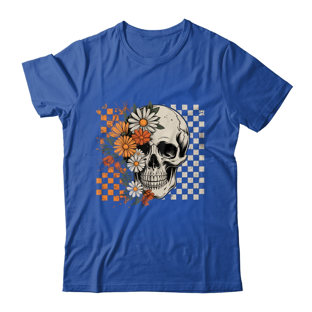 Checkered Boho Floral Skull Halloween Women Spooky Season Shirt & Hoodie | siriusteestore