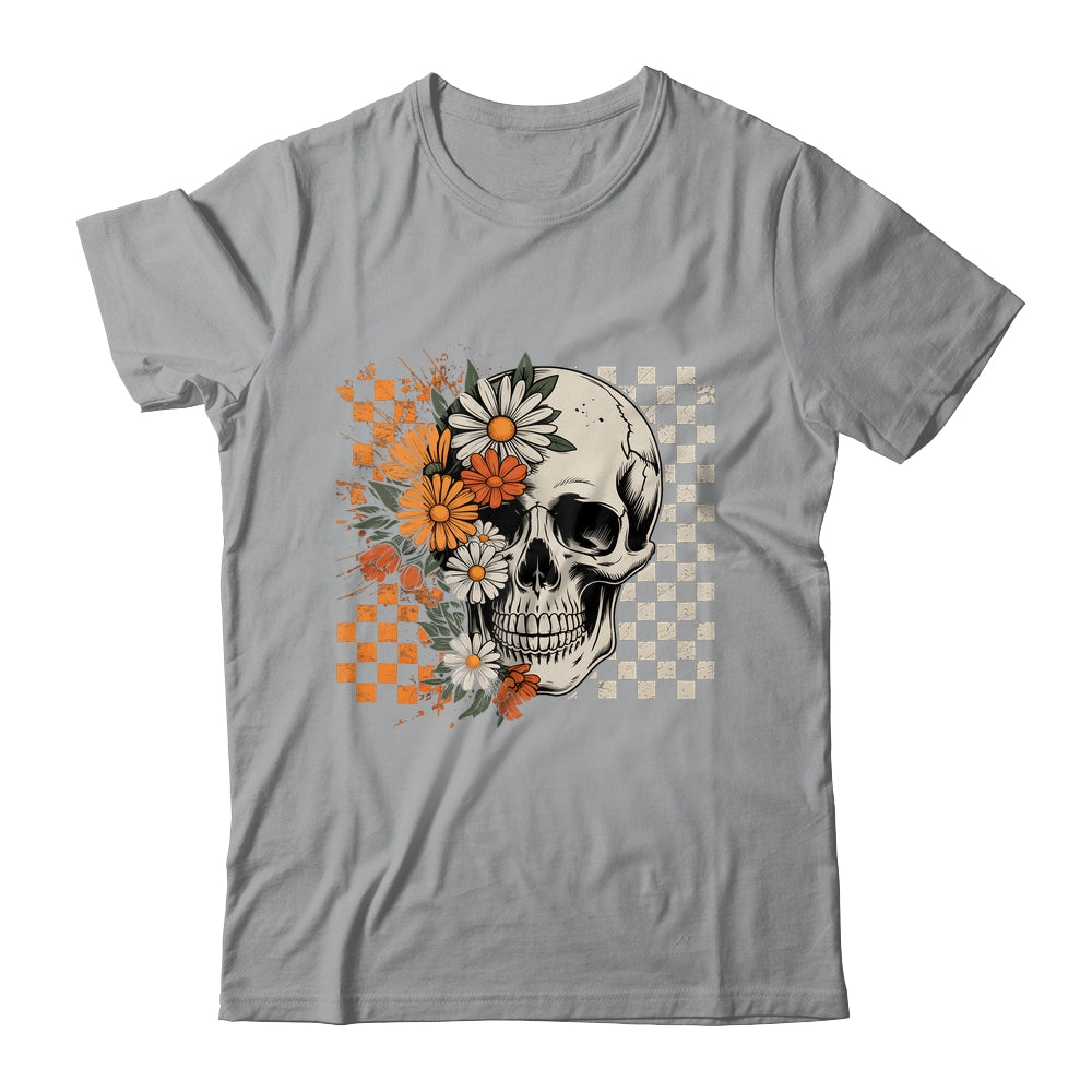 Checkered Boho Floral Skull Halloween Women Spooky Season Shirt & Hoodie | siriusteestore