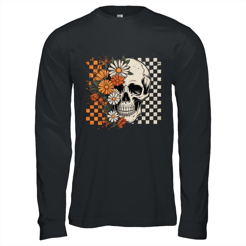 Checkered Boho Floral Skull Halloween Women Spooky Season Shirt & Hoodie | siriusteestore