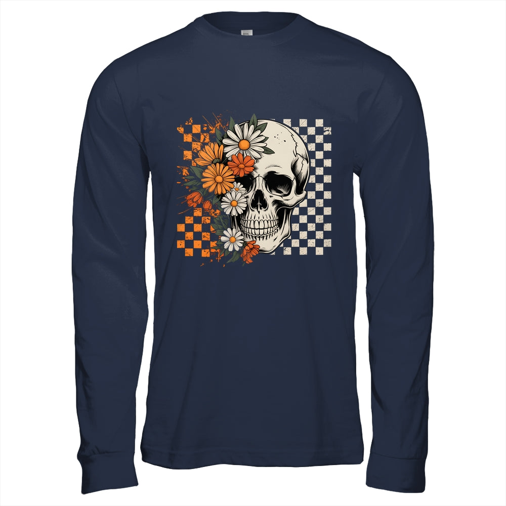 Checkered Boho Floral Skull Halloween Women Spooky Season Shirt & Hoodie | siriusteestore