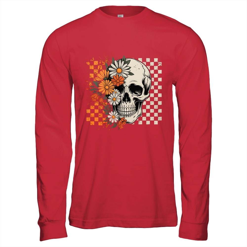 Checkered Boho Floral Skull Halloween Women Spooky Season Shirt & Hoodie | siriusteestore