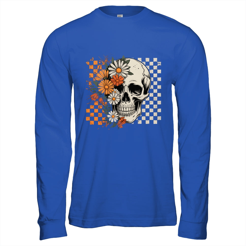 Checkered Boho Floral Skull Halloween Women Spooky Season Shirt & Hoodie | siriusteestore