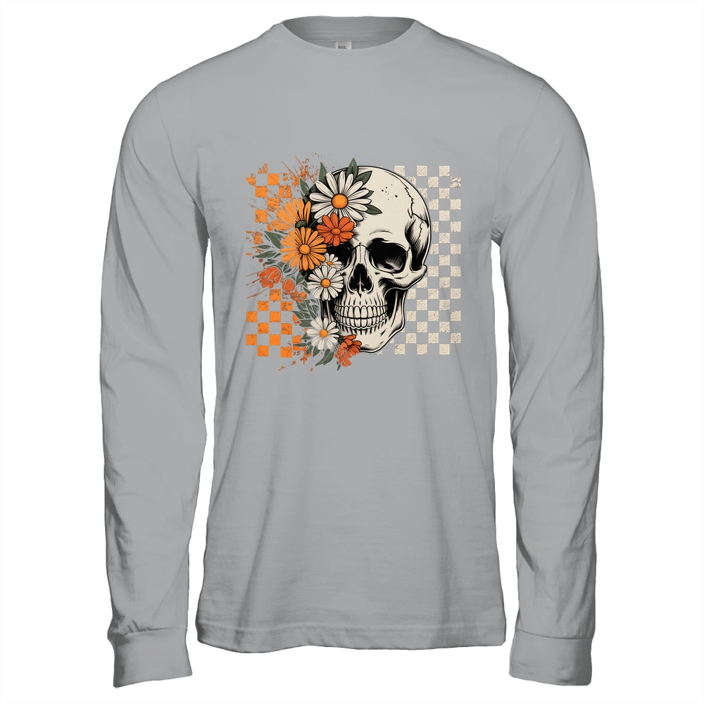 Checkered Boho Floral Skull Halloween Women Spooky Season Shirt & Hoodie | siriusteestore