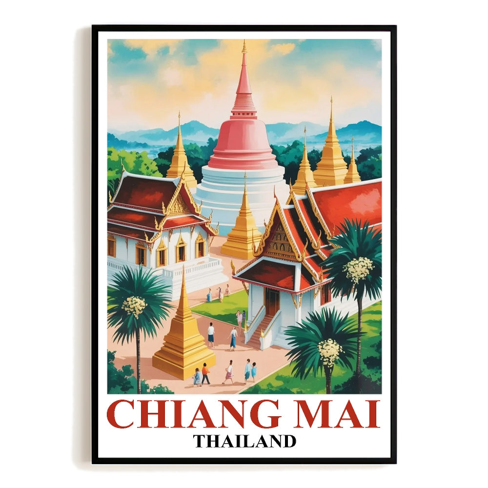 Chiang Mai Thailand Vintage Travel Poster Doi Suthep Temple Mountain Landscape Souvenir Wall Art Print Painting Ideal For Home Office Living Room Bedroom Decor Unframed | siriusteestore