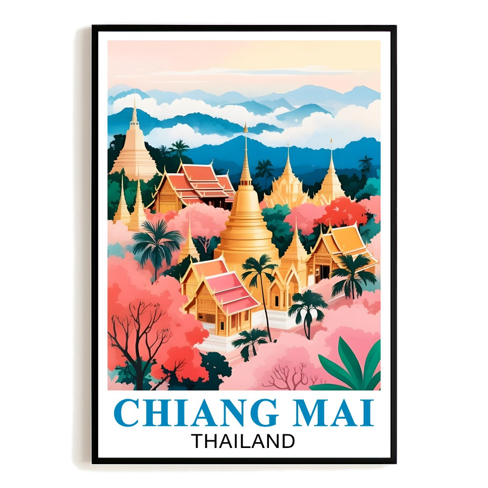 Chiang Mai Thailand Vintage Travel Poster Temples Palms Mountains Wall Art Landscape Print Painting Ideal For Home Office Living Room Bedroom Decor Unframed | siriusteestore