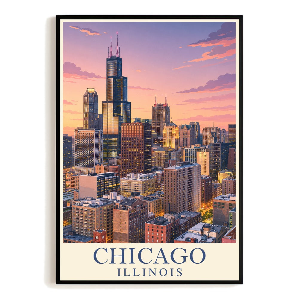 Chicago Illinois Usa Vintage Travel Poster Cityscape Skyline Modern Urban Landmark Wall Art Decor Landscape Print Souvenir For Home Living Room Office Bedroom Unframed | siriusteestore