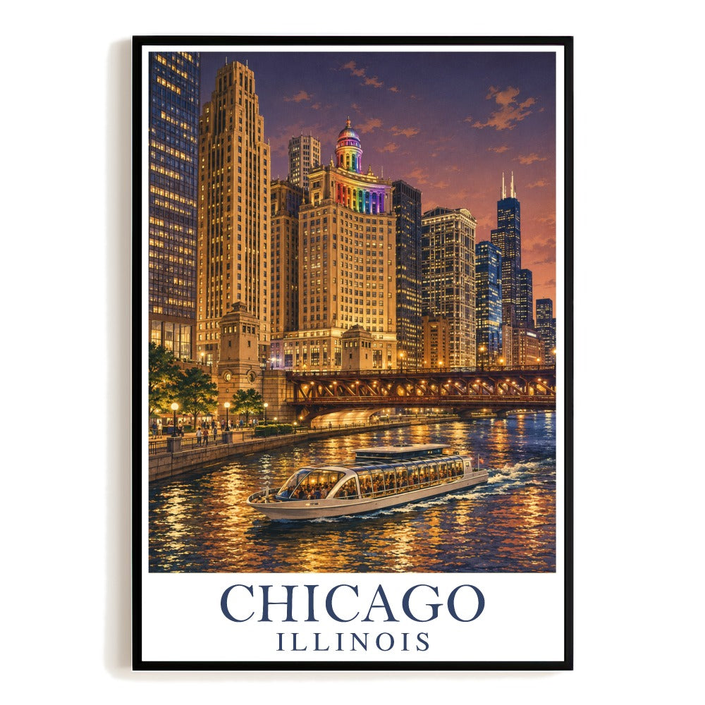 Chicago Illinois Usa Vintage Travel Poster Night Cityscape River Boat Wall Art Landscape Print Ideal For Home Office Living Room Bedroom Decor Unframed | siriusteestore