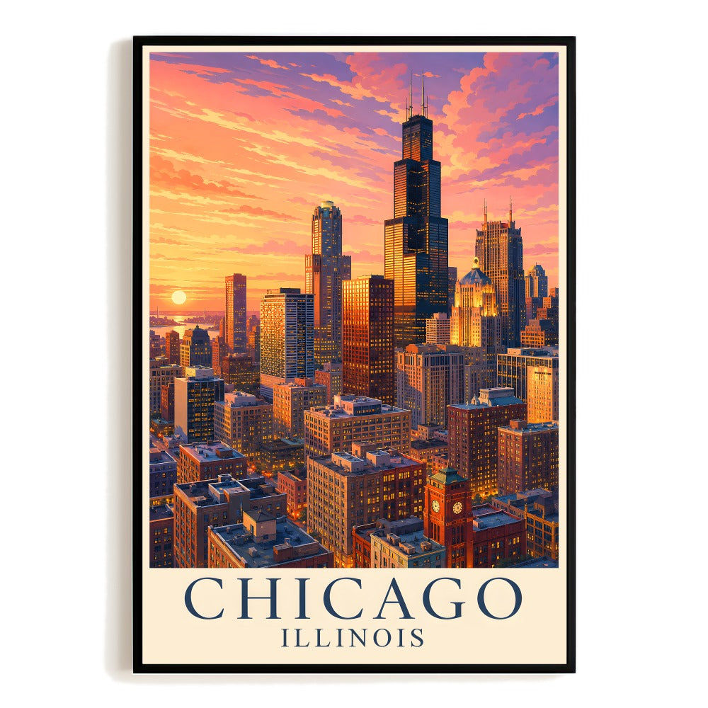 Chicago Illinois Usa Vintage Travel Poster Skyline Cityscape Wall Art Decor Landscape Print Painting Ideal For Home Living Room Office Bedroom Decor Unframed | siriusteestore