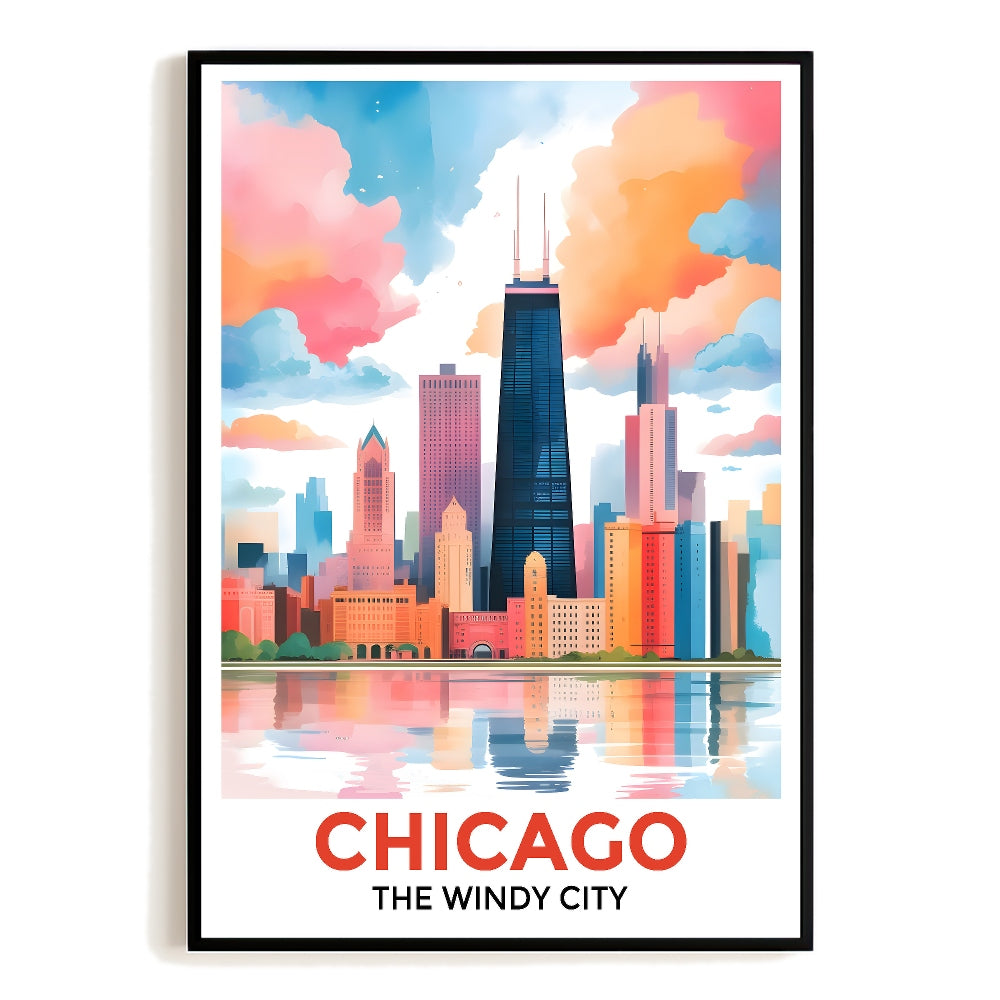 Chicago Print Travel Poster Windy City Skyline Colorful Clouds Souvenir Wall Art Landscape Painting Picture For Home Room Living Room Office Bedroom Decor Unframed | siriusteestore