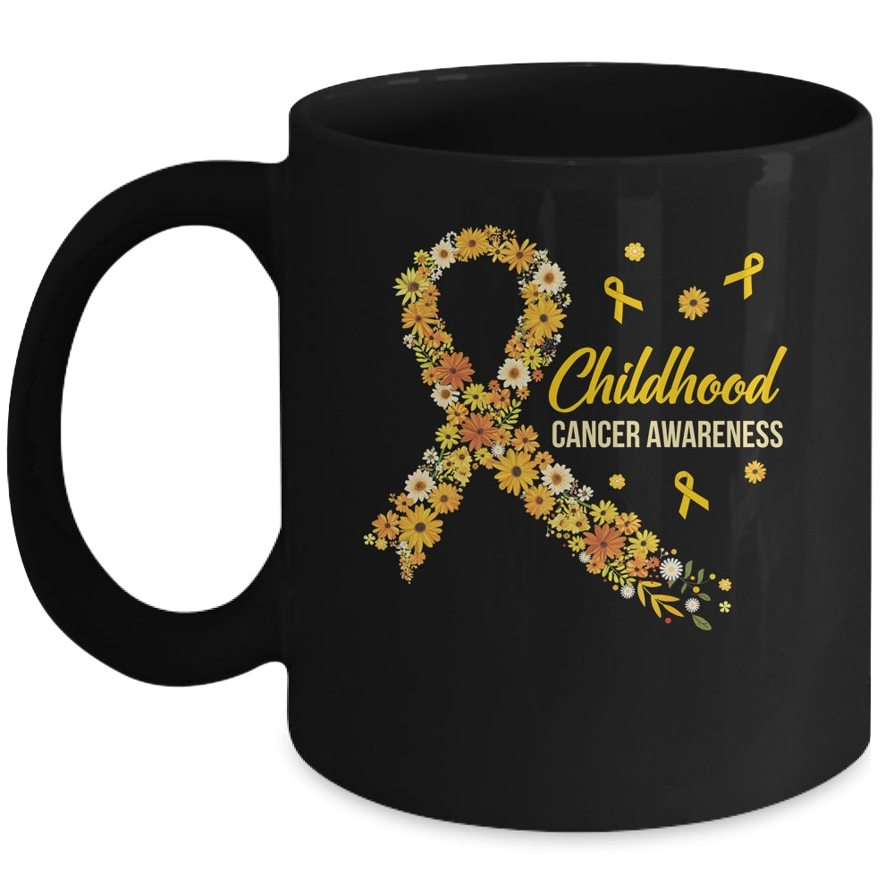 Childhood Cancer Awareness Gold Ribbon Support Hippie Flower Mug | siriusteestore