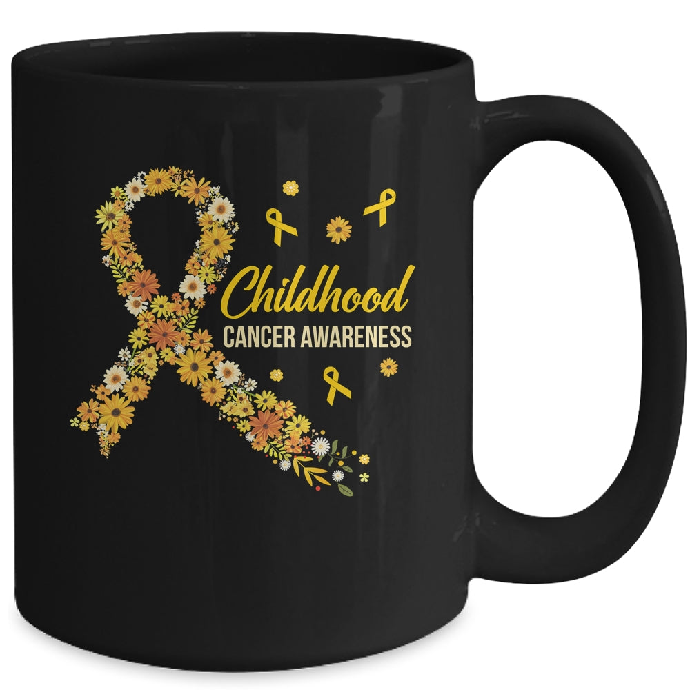 Childhood Cancer Awareness Gold Ribbon Support Hippie Flower Mug | siriusteestore