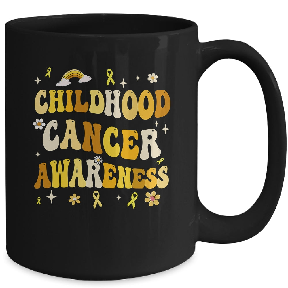 Childhood Cancer Awareness Hippie Flower Gold Ribbon Support Mug | siriusteestore