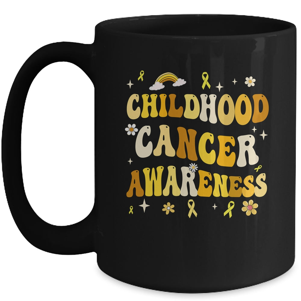 Childhood Cancer Awareness Hippie Flower Gold Ribbon Support Mug | siriusteestore