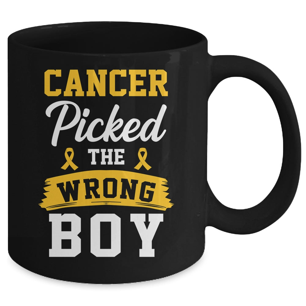 Childhood Cancer Picked The Wrong Boy Awareness Ribbon Kids Mug | siriusteestore