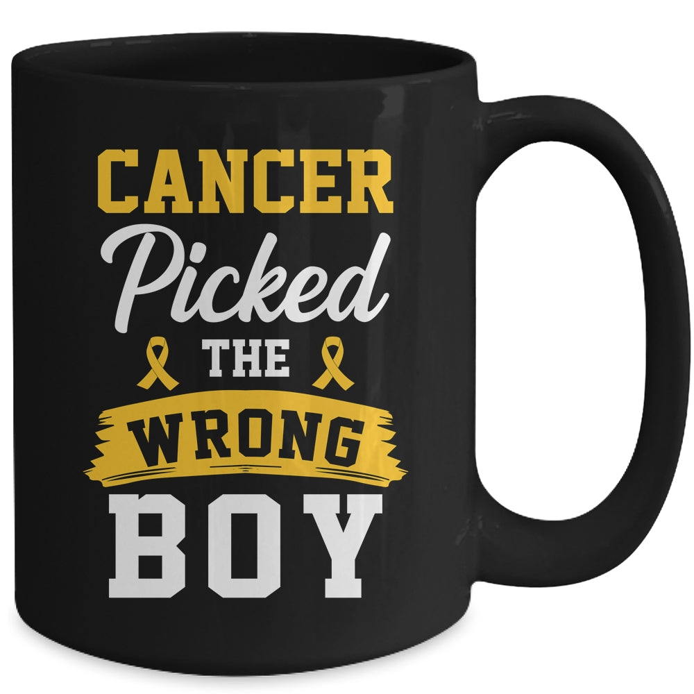 Childhood Cancer Picked The Wrong Boy Awareness Ribbon Kids Mug | siriusteestore