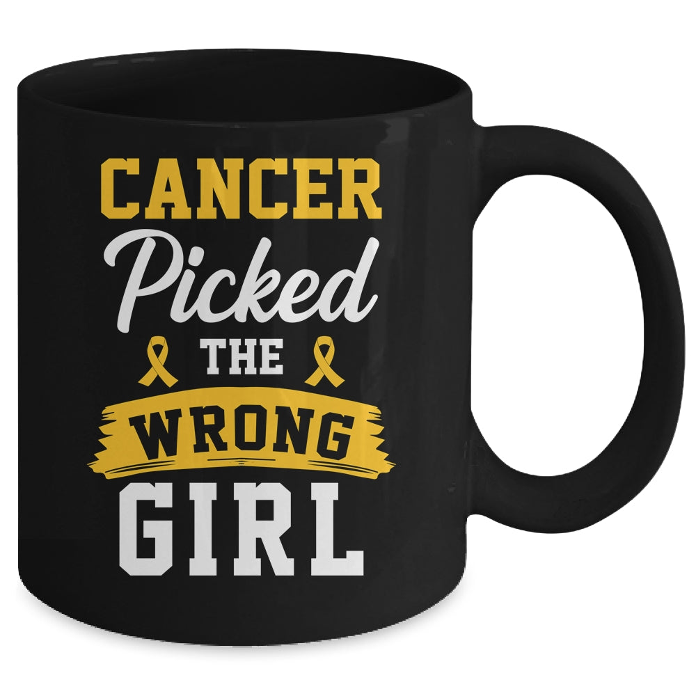 Childhood Cancer Picked The Wrong Girl Awareness Ribbon Kids Mug | siriusteestore