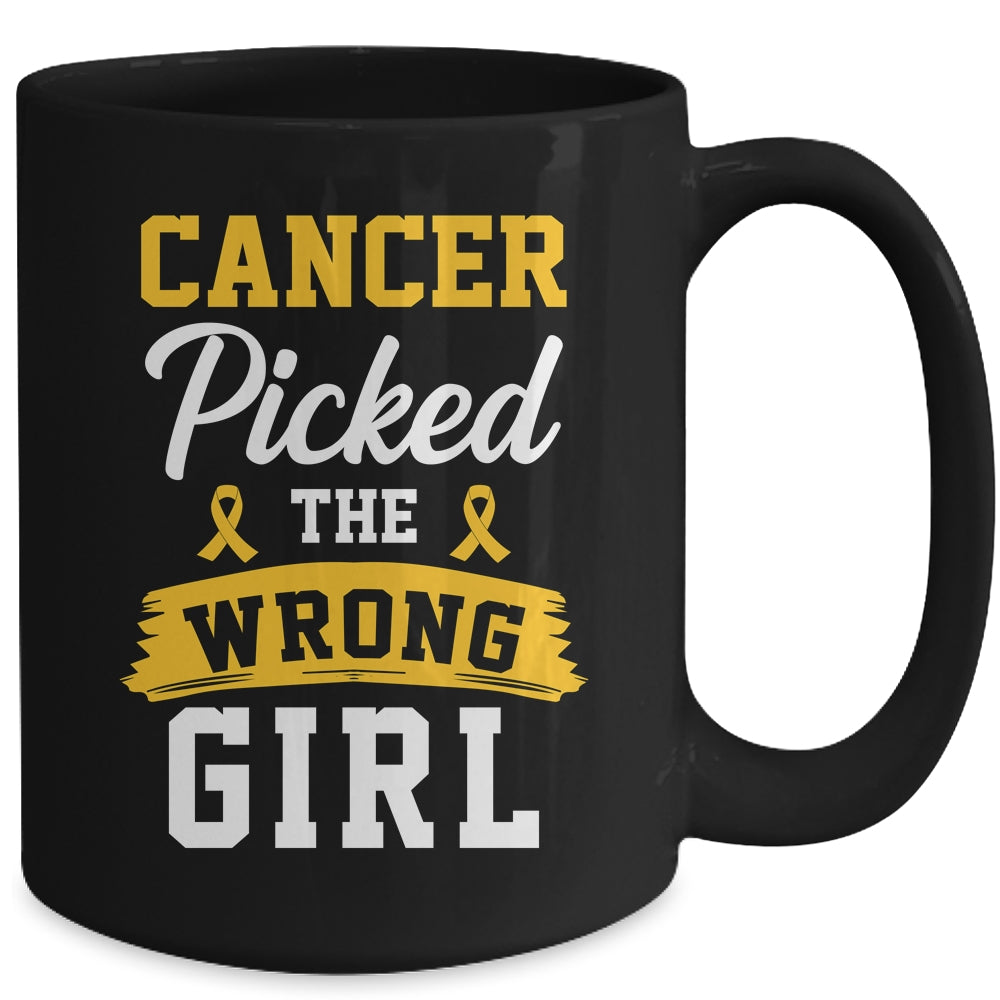 Childhood Cancer Picked The Wrong Girl Awareness Ribbon Kids Mug | siriusteestore