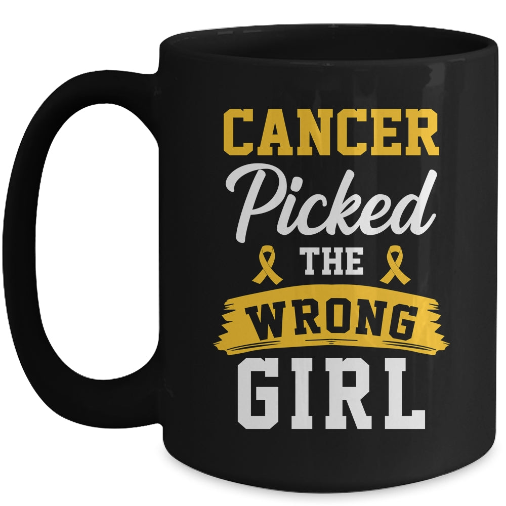 Childhood Cancer Picked The Wrong Girl Awareness Ribbon Kids Mug | siriusteestore