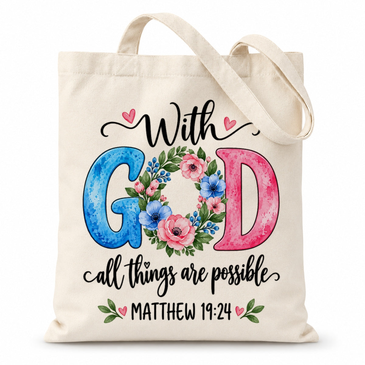 Christian Canvas Tote Bag With God All Things Are Possible Matthew 19 26 Floral Bible Verse Faith Shoulder Bag Religious Gift For Women Church Library Book Beach | siriusteestore
