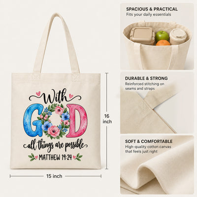 Christian Canvas Tote Bag With God All Things Are Possible Matthew 19 26 Floral Bible Verse Faith Shoulder Bag Religious Gift For Women Church Library Book Beach | siriusteestore