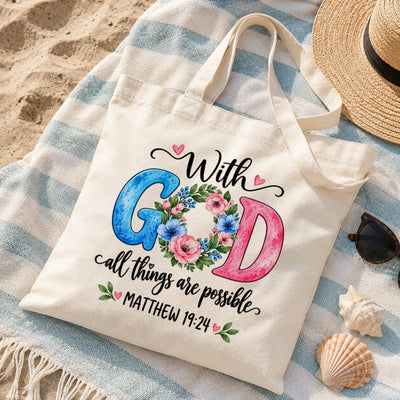 Christian Canvas Tote Bag With God All Things Are Possible Matthew 19 26 Floral Bible Verse Faith Shoulder Bag Religious Gift For Women Church Library Book Beach | siriusteestore