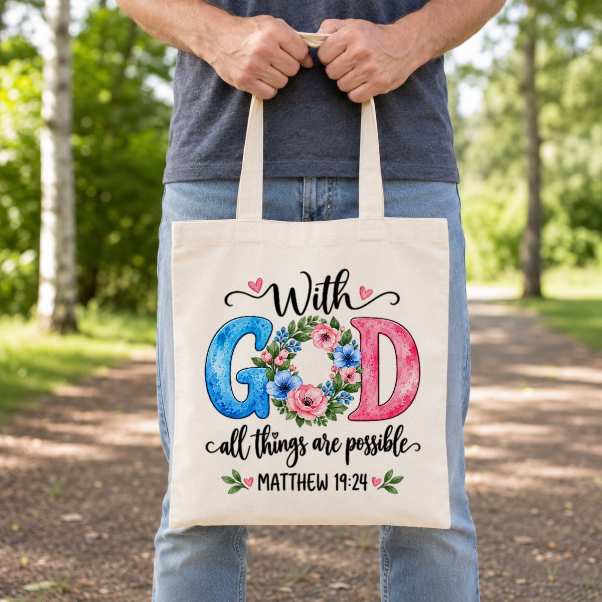 Christian Canvas Tote Bag With God All Things Are Possible Matthew 19 26 Floral Bible Verse Faith Shoulder Bag Religious Gift For Women Church Library Book Beach | siriusteestore