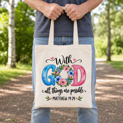 Christian Canvas Tote Bag With God All Things Are Possible Matthew 19 26 Floral Bible Verse Faith Shoulder Bag Religious Gift For Women Church Library Book Beach | siriusteestore