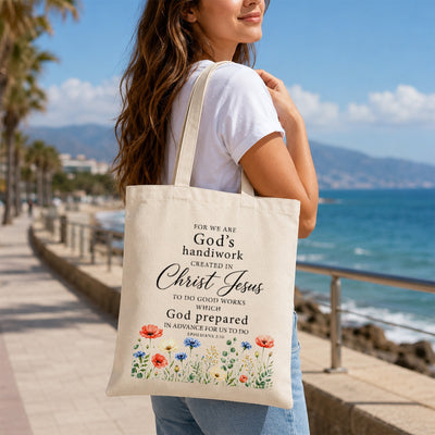 Christian Tote Bag For Women Ephesians 2 10 Gods Handiwork Created In Christ Jesus Floral Bible Verse Canvas Bag Church Faith Religious Gift Shopping Beach Travel | siriusteestore