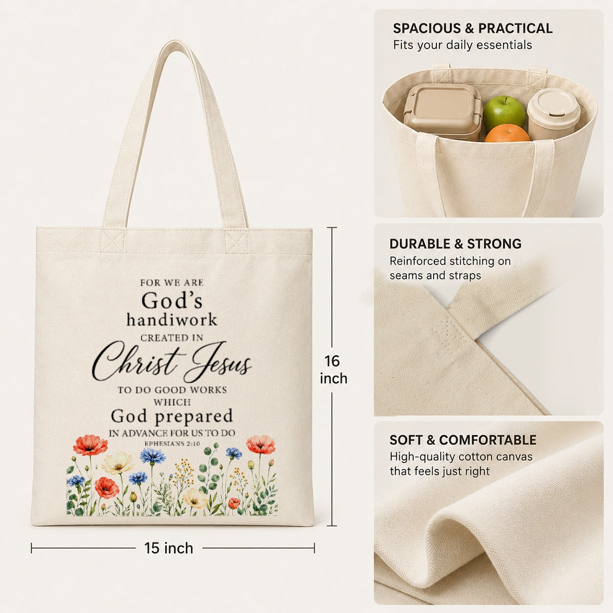 Christian Tote Bag For Women Ephesians 2 10 Gods Handiwork Created In Christ Jesus Floral Bible Verse Canvas Bag Church Faith Religious Gift Shopping Beach Travel | siriusteestore