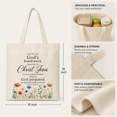 Christian Tote Bag For Women Ephesians 2 10 Gods Handiwork Created In Christ Jesus Floral Bible Verse Canvas Bag Church Faith Religious Gift Shopping Beach Travel | siriusteestore