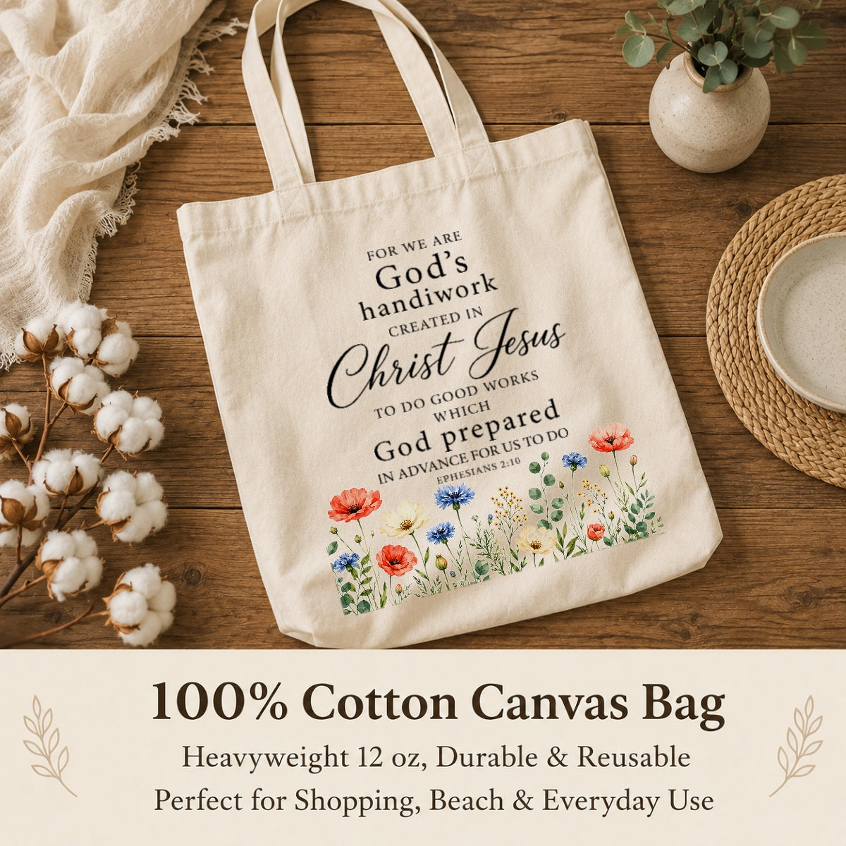 Christian Tote Bag For Women Ephesians 2 10 Gods Handiwork Created In Christ Jesus Floral Bible Verse Canvas Bag Church Faith Religious Gift Shopping Beach Travel | siriusteestore