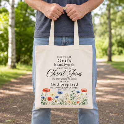 Christian Tote Bag For Women Ephesians 2 10 Gods Handiwork Created In Christ Jesus Floral Bible Verse Canvas Bag Church Faith Religious Gift Shopping Beach Travel | siriusteestore
