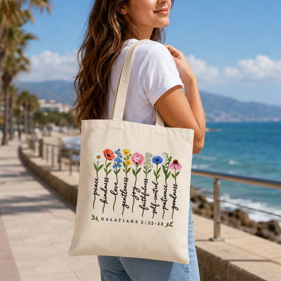Christian Tote Bag Fruit Of The Spirit Galatians 5 22-23 Floral Bible Verse Canvas Shoulder Bag For Women Faith Inspired Church Aesthetic Floral Gift Ideal Mom | siriusteestore