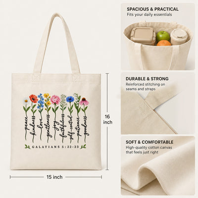 Christian Tote Bag Fruit Of The Spirit Galatians 5 22-23 Floral Bible Verse Canvas Shoulder Bag For Women Faith Inspired Church Aesthetic Floral Gift Ideal Mom | siriusteestore