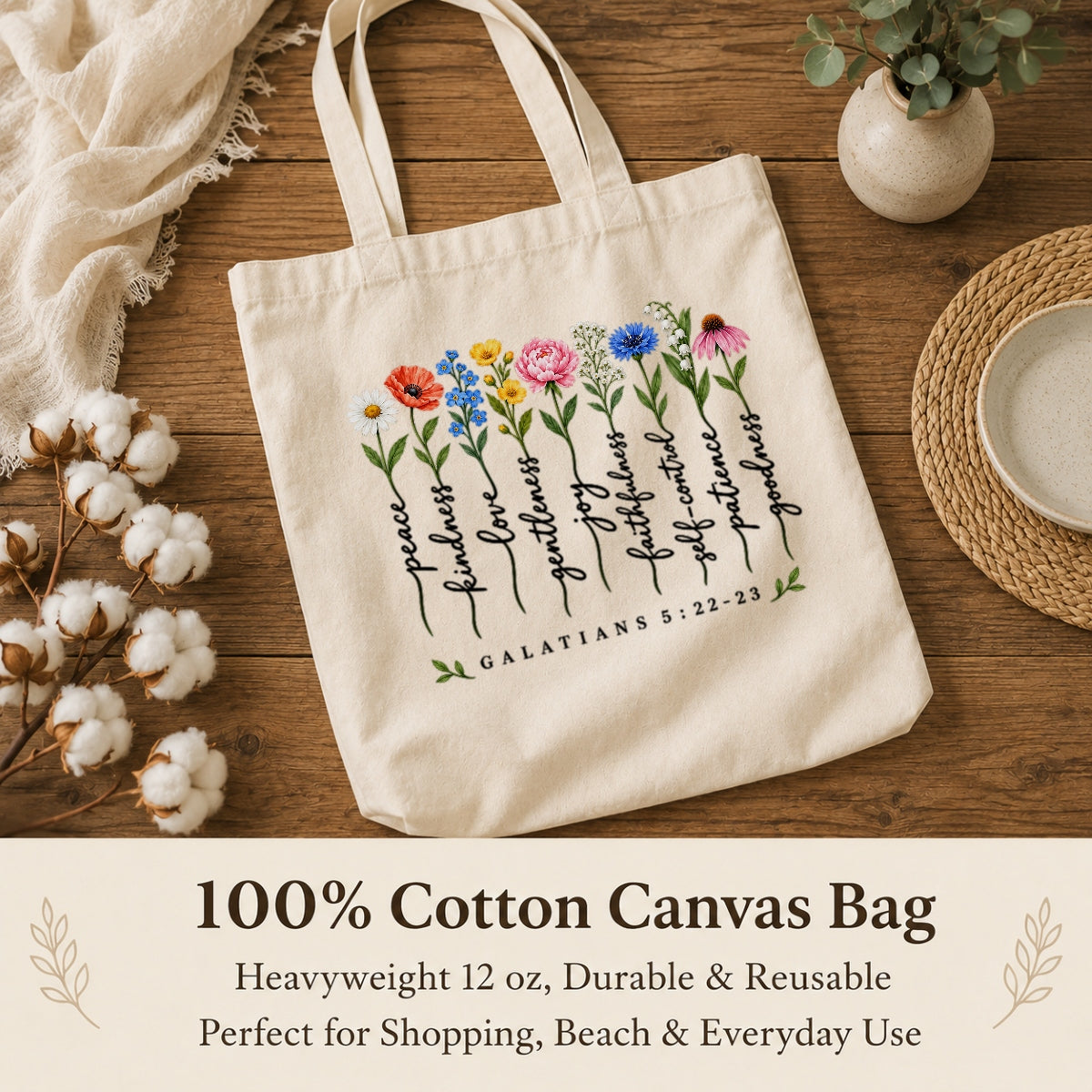 Christian Tote Bag Fruit Of The Spirit Galatians 5 22-23 Floral Bible Verse Canvas Shoulder Bag For Women Faith Inspired Church Aesthetic Floral Gift Ideal Mom | siriusteestore