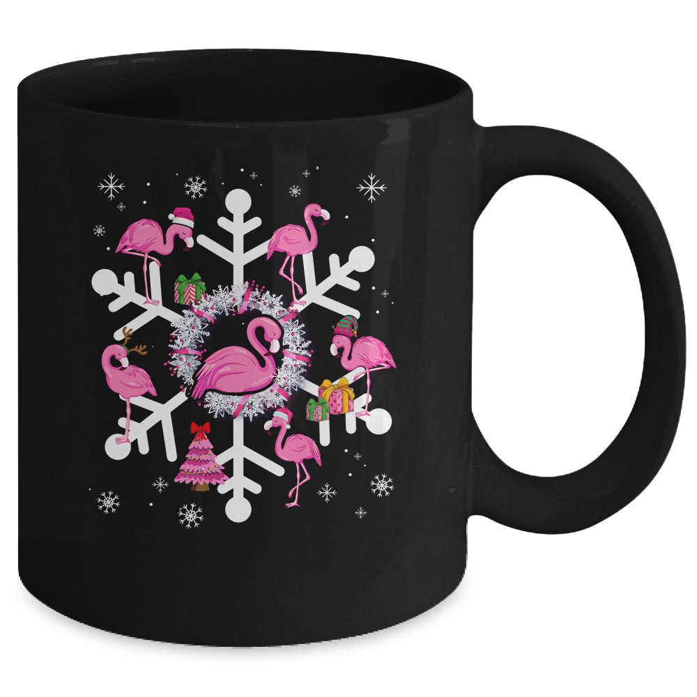 Christmas Flamingo Santa Hat Xmas Lights Flamingo Snowflakes Mug | siriusteestore