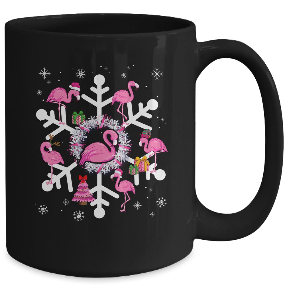 Christmas Flamingo Santa Hat Xmas Lights Flamingo Snowflakes Mug | siriusteestore