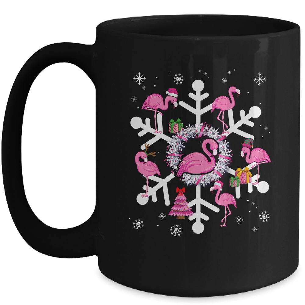 Christmas Flamingo Santa Hat Xmas Lights Flamingo Snowflakes Mug | siriusteestore
