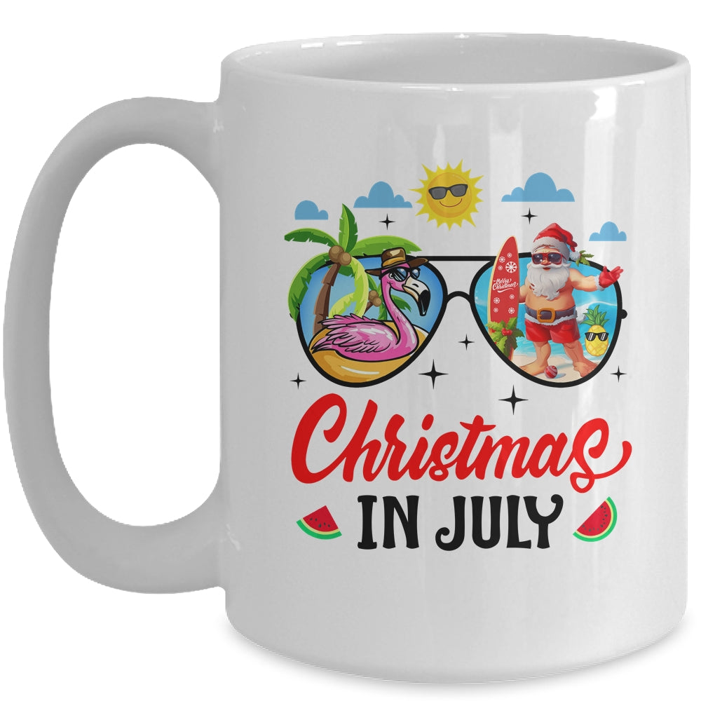Christmas In July Summer Vacation Sunglasses Santa Flamingo Mug | siriusteestore