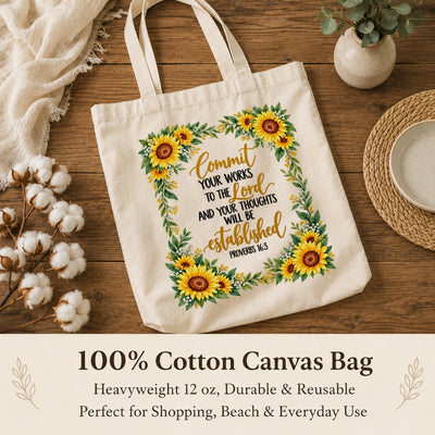 Commit Your Works To The Lord Proverbs 16 3 Sunflower Christian Canvas Tote Bag Inspirational Bible Verse Faith Gift For Women Church Shopping Book Everyday Use | siriusteestore