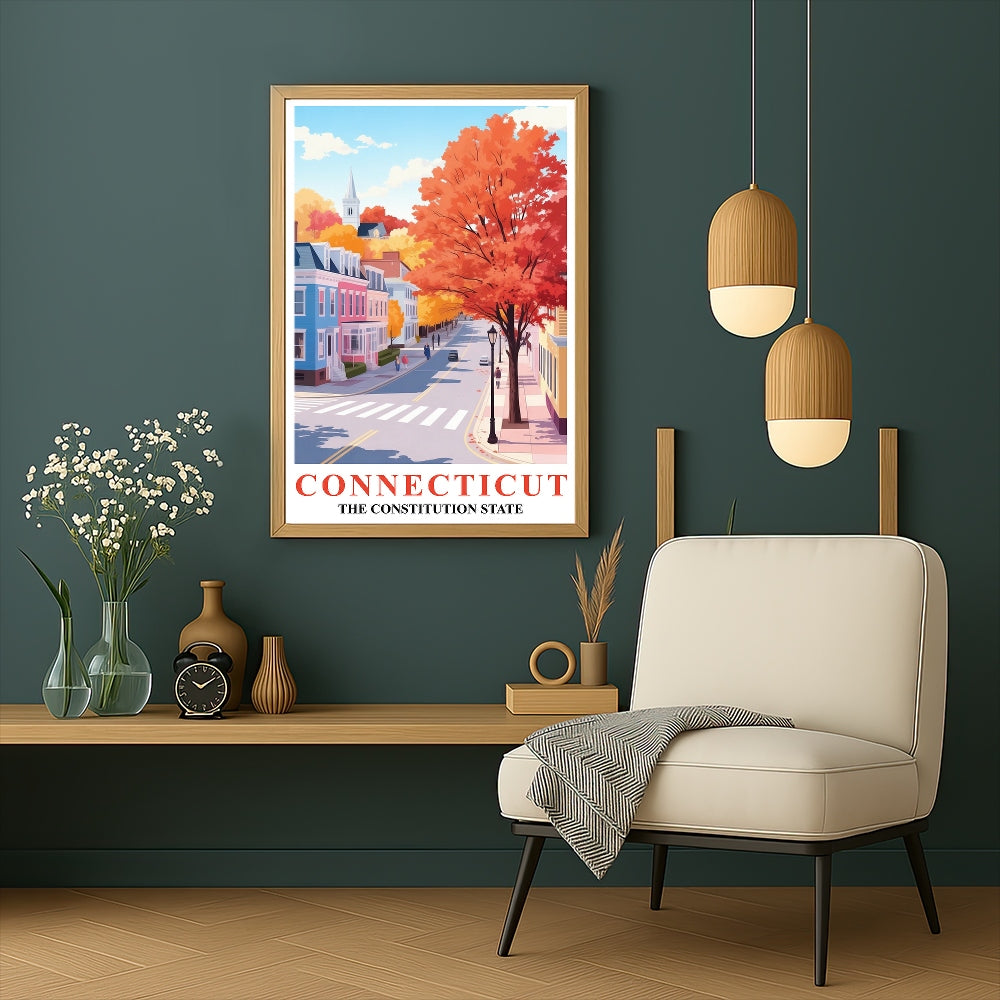 Connecticut Art Print Poster Autumn Street View Constitution State Travel Souvenir Wall Art Landscape Painting Ideal For Home Living Room Office Bedroom Decor Unframed | siriusteestore