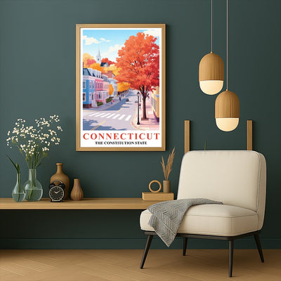 Connecticut Art Print Poster Autumn Street View Constitution State Travel Souvenir Wall Art Landscape Painting Ideal For Home Living Room Office Bedroom Decor Unframed | siriusteestore