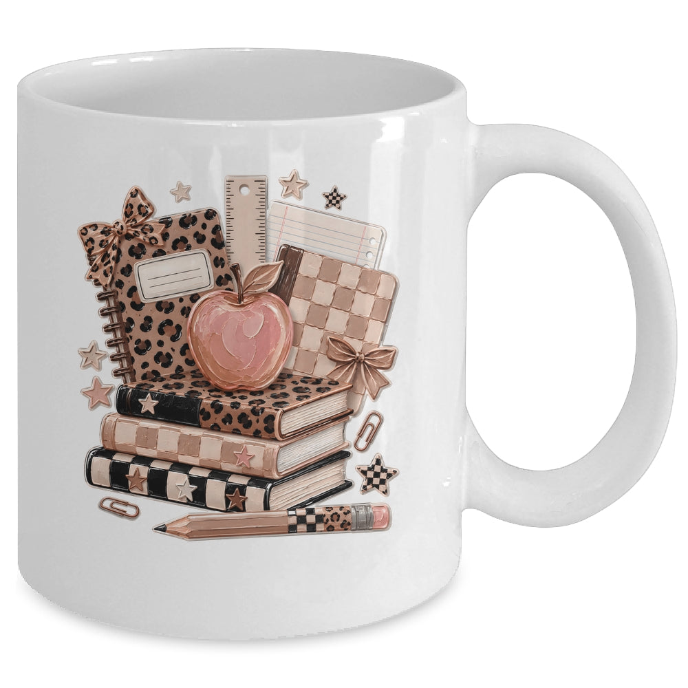 Coquette Bow Back To School Teacher Retro Checkered Leopard Mug | siriusteestore