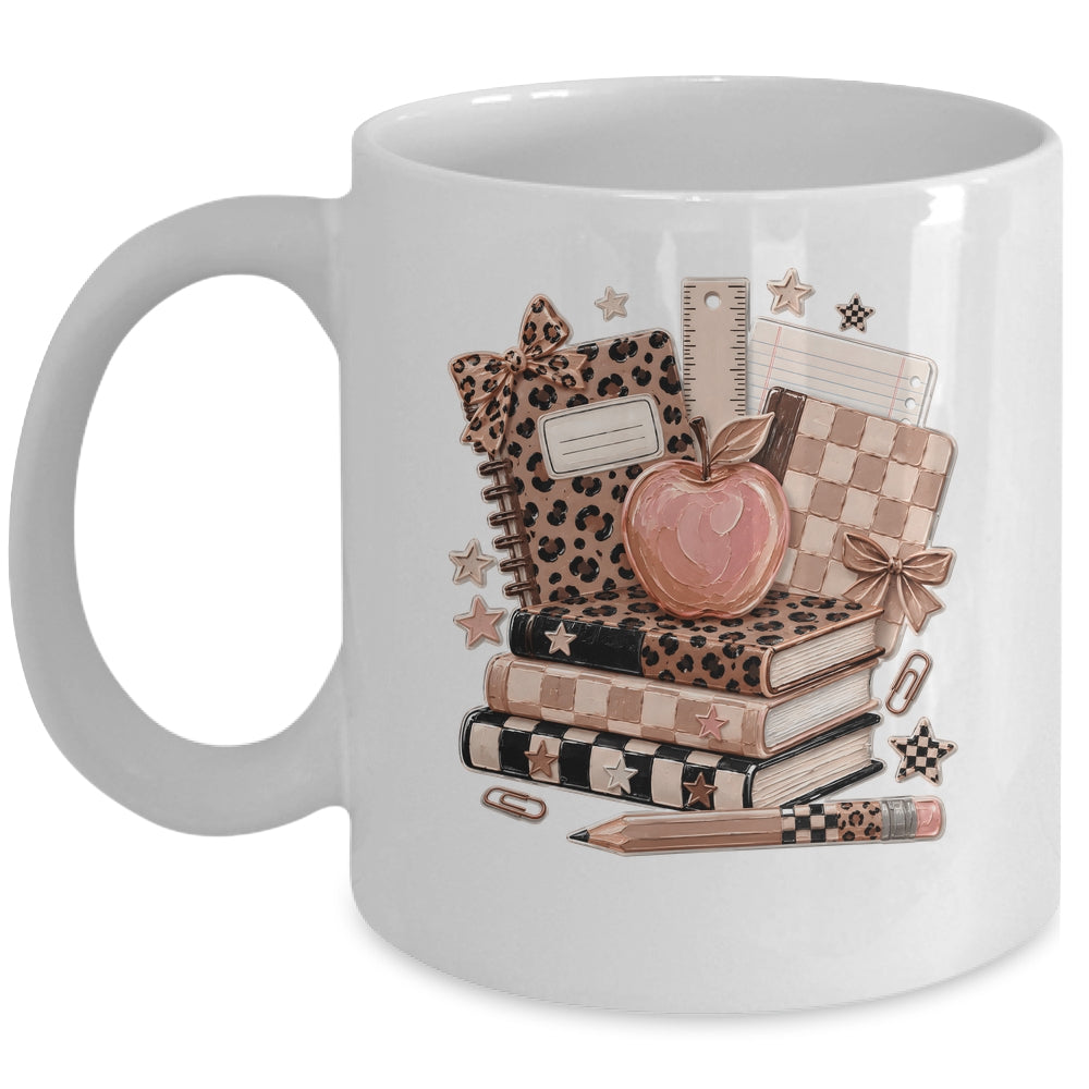 Coquette Bow Back To School Teacher Retro Checkered Leopard Mug | siriusteestore