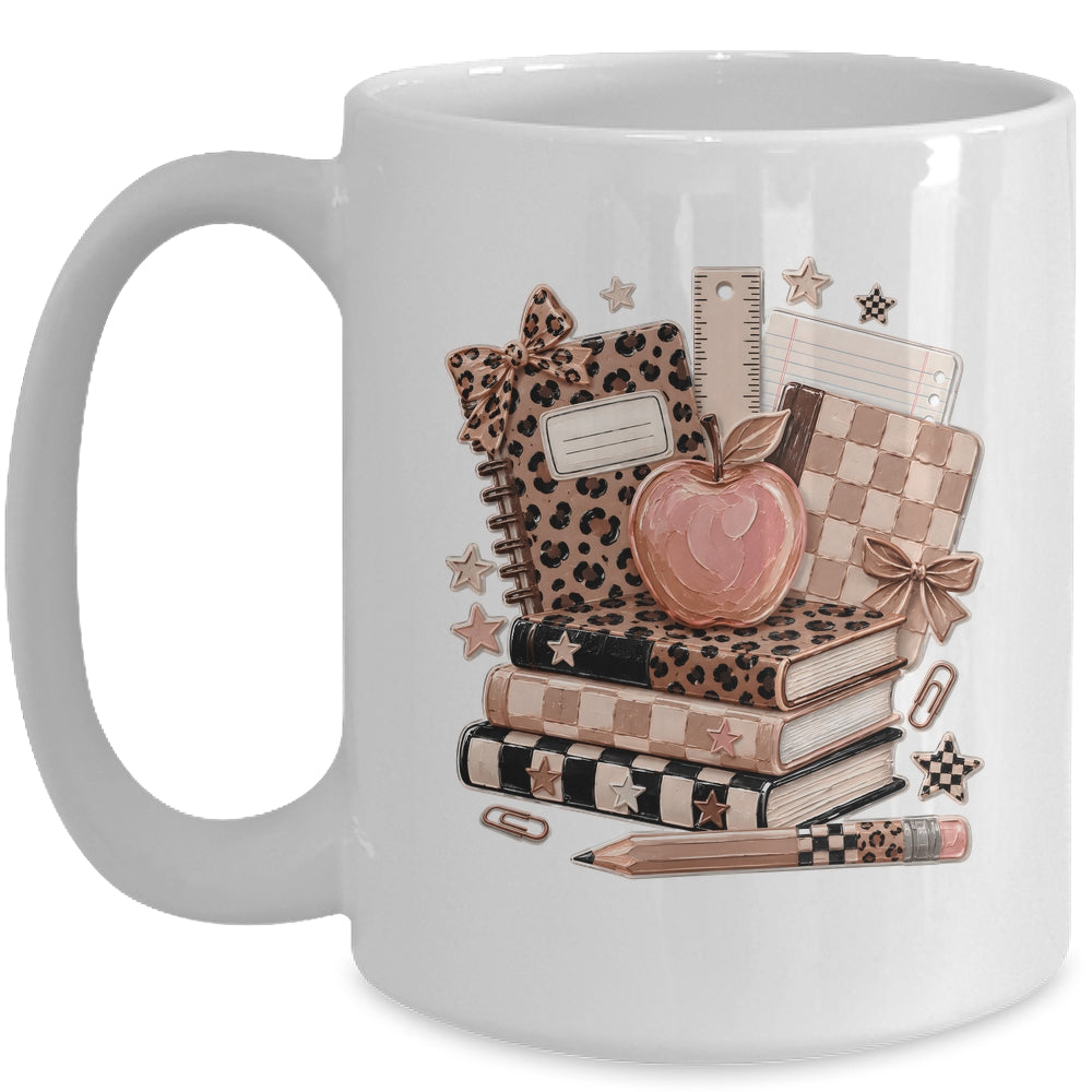 Coquette Bow Back To School Teacher Retro Checkered Leopard Mug | siriusteestore