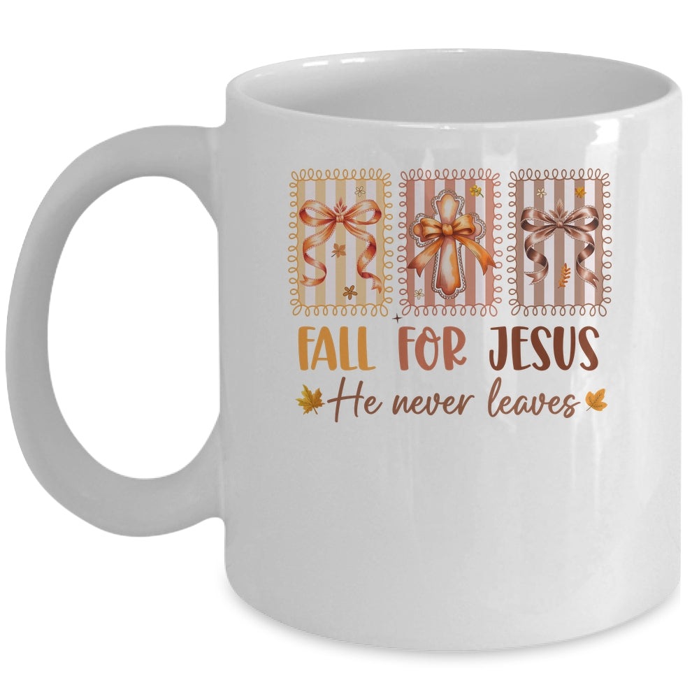 Coquette Bow Cross Fall For Jesus He Never Leaves Christian Mug | siriusteestore