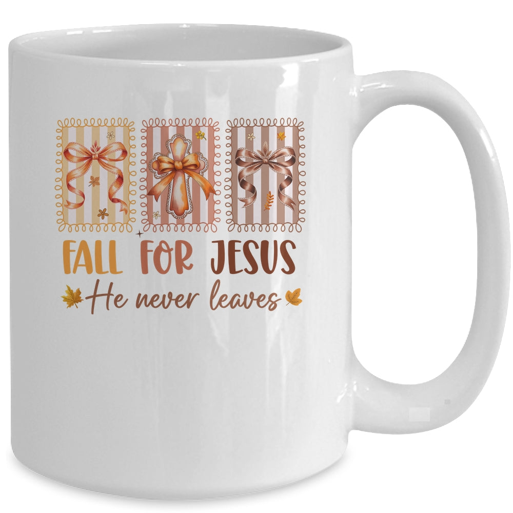 Coquette Bow Cross Fall For Jesus He Never Leaves Christian Mug | siriusteestore